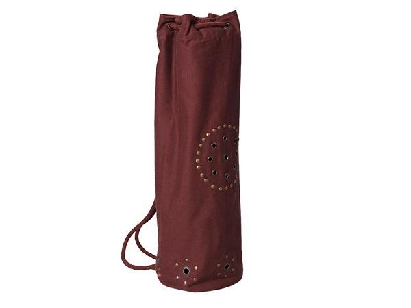 OMSutra OM Mahashakti Yoga Bag featuring 'OM' embroidery and distressed grommet border, made from heavy cotton twill fabric.